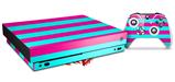Skin Wrap compatible with XBOX One X Console and Controller Psycho Stripes Neon Teal and Hot Pink